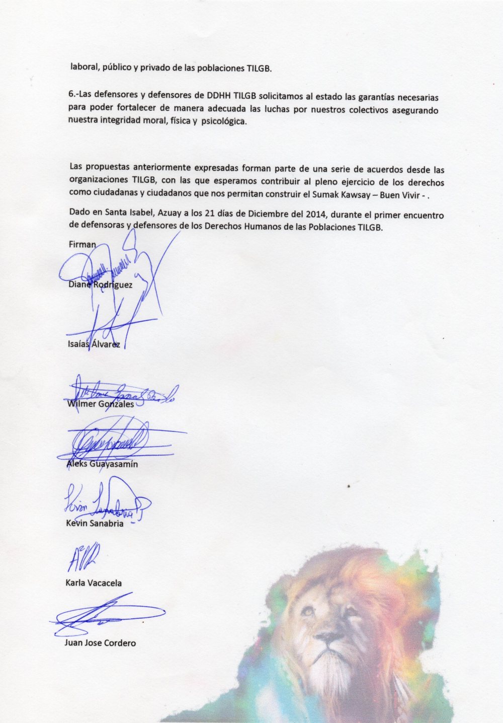 Manifiesto de los y las defensores y defensoras de derechos humanos TILGB LGBT, capitulo Yungilla, Cuenca, Ecuador realizado por la Asociación Silueta X 2